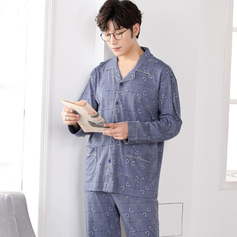 Cotton Pajama Sets for Men Geometric Print Winter Long Sleeve