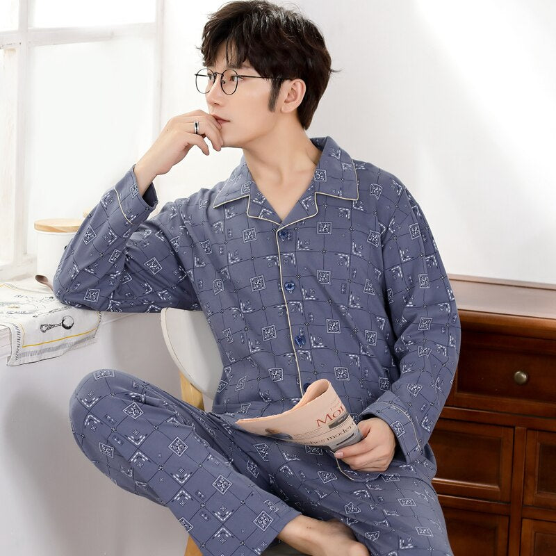 Cotton Pajama Sets for Men Geometric Print Winter Long Sleeve
