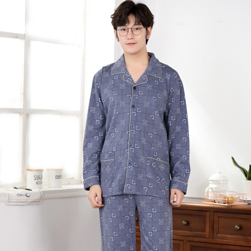 Cotton Pajama Sets for Men Geometric Print Winter Long Sleeve