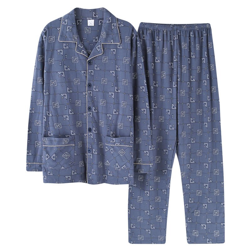 Cotton Pajama Sets for Men Geometric Print Winter Long Sleeve