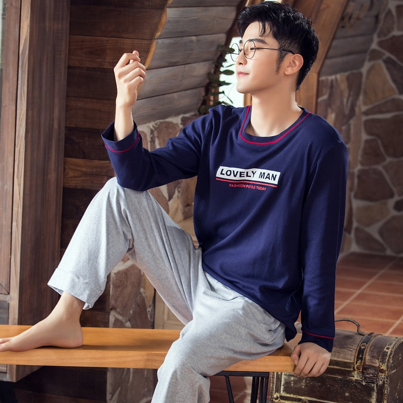 Autumn Spring Long Sleeve Man Pajama Sets 100% Cotton