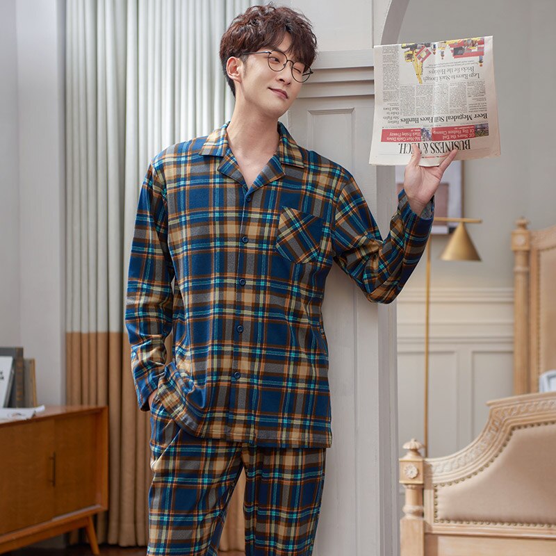Full Pure Cotton Men Pajama Sets Long Sleeve Classic Generous Sleepwear