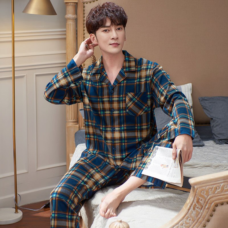 Full Pure Cotton Men Pajama Sets Long Sleeve Classic Generous Sleepwear