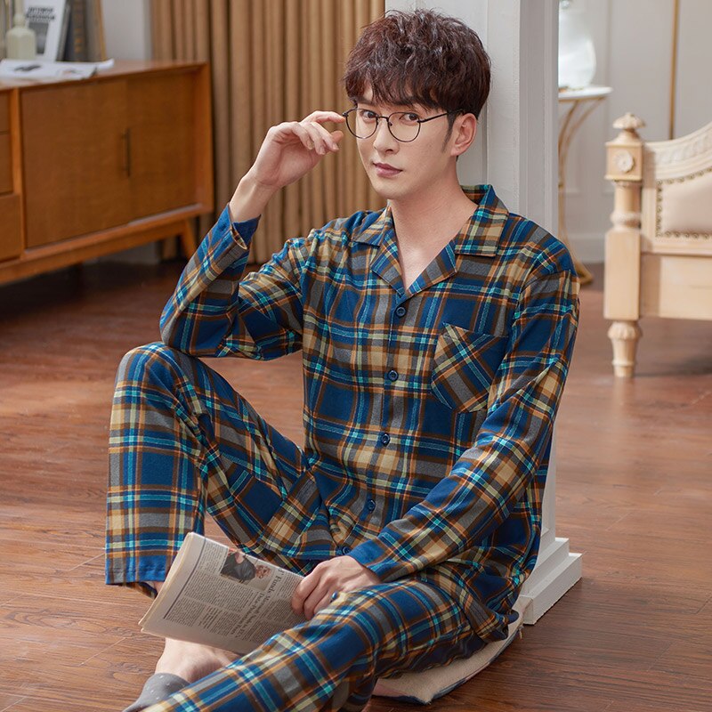 Full Pure Cotton Men Pajama Sets Long Sleeve Classic Generous Sleepwear