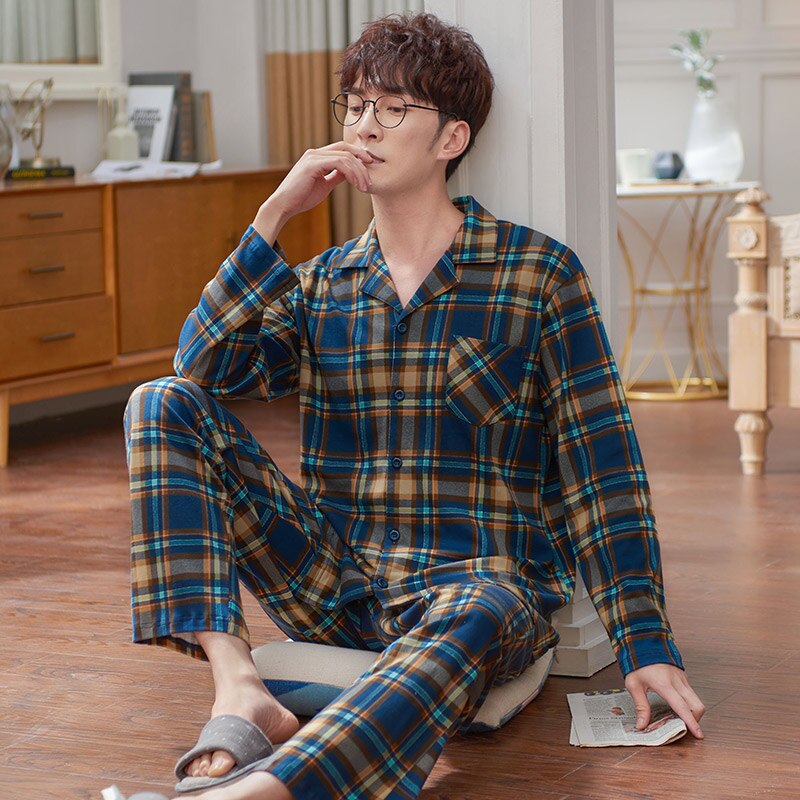 Full Pure Cotton Men Pajama Sets Long Sleeve Classic Generous Sleepwear