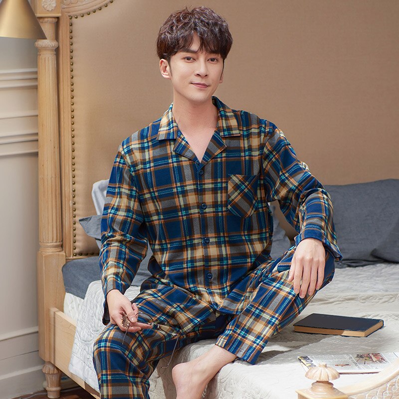 Full Pure Cotton Men Pajama Sets Long Sleeve Classic Generous Sleepwear