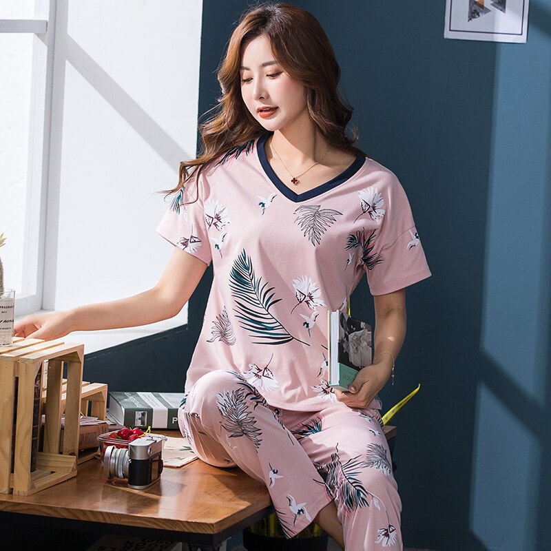 Bird Print Summer Women Pajamas Sets